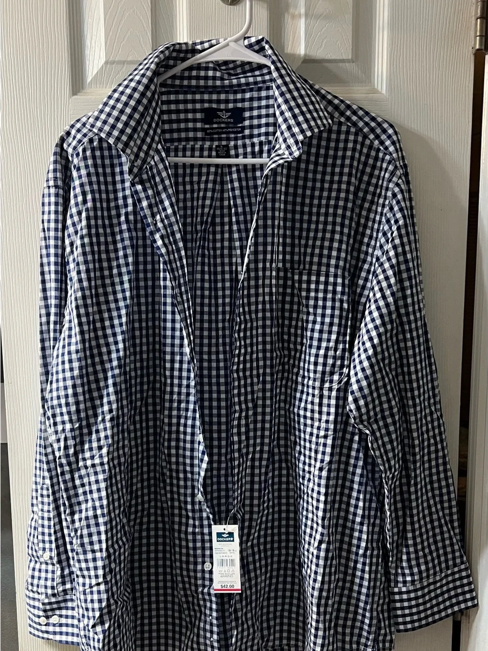 Dockers Men's Large Navy and White Gingham Button-Down Shirt NWT